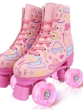 Girls' youth 12.5 Pink Patterned Quad Roller Skates - Lace-Up Youth Skates NWT